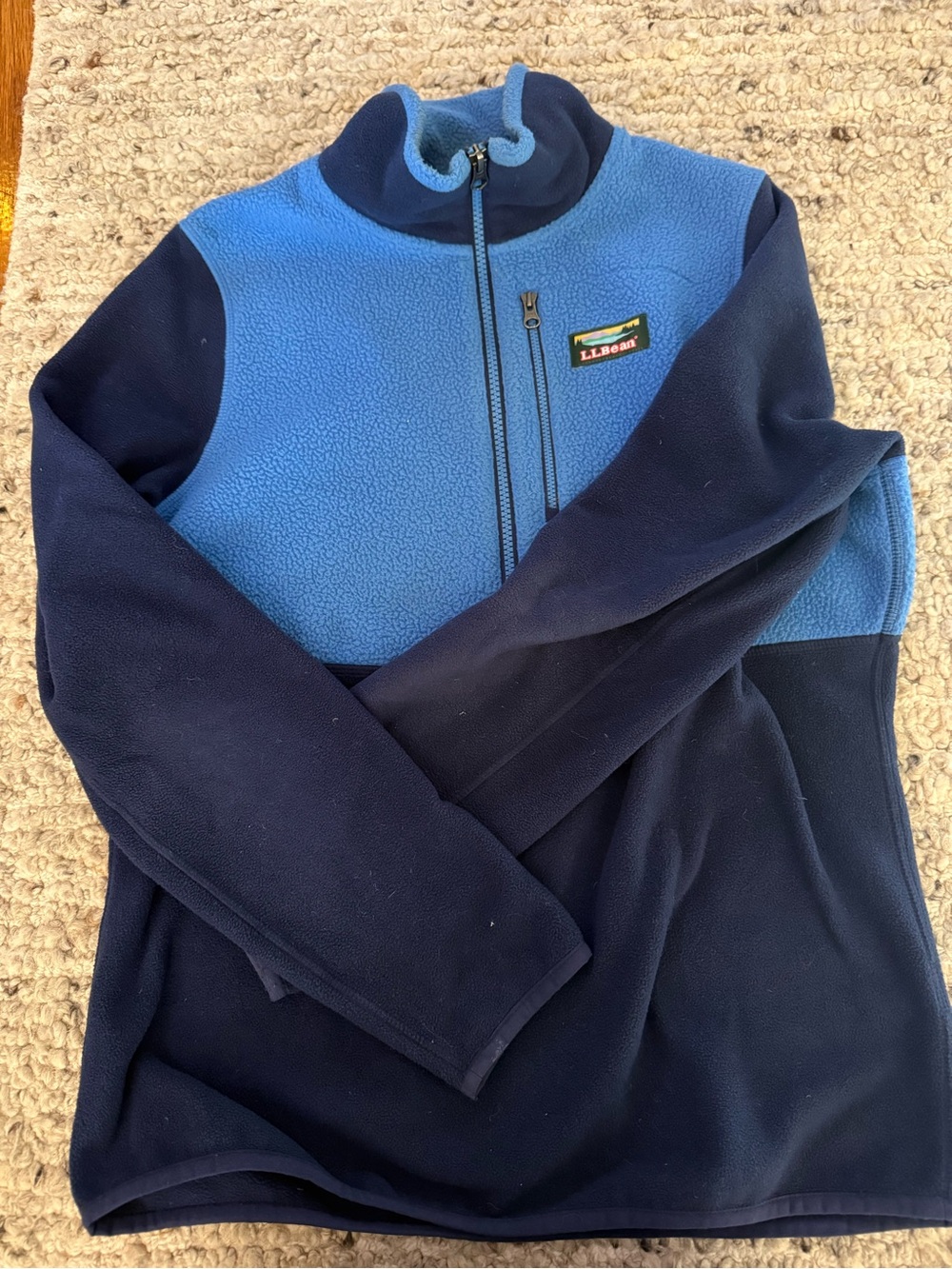 Vintage L.L. Bean Women's Two-Tone Navy and Light Blue Fleece Zip Sweater